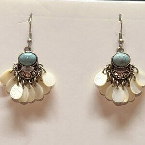 Boho Faux Turquoise & MOP Fan Dangle Earrings